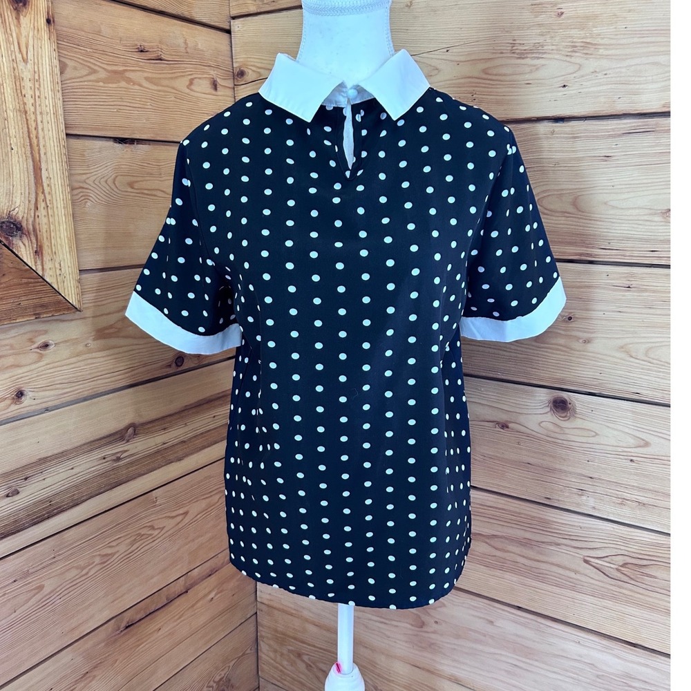 Black White Polka Dot Peter Pan Collar Blouse Short Sleeve Retro Top
